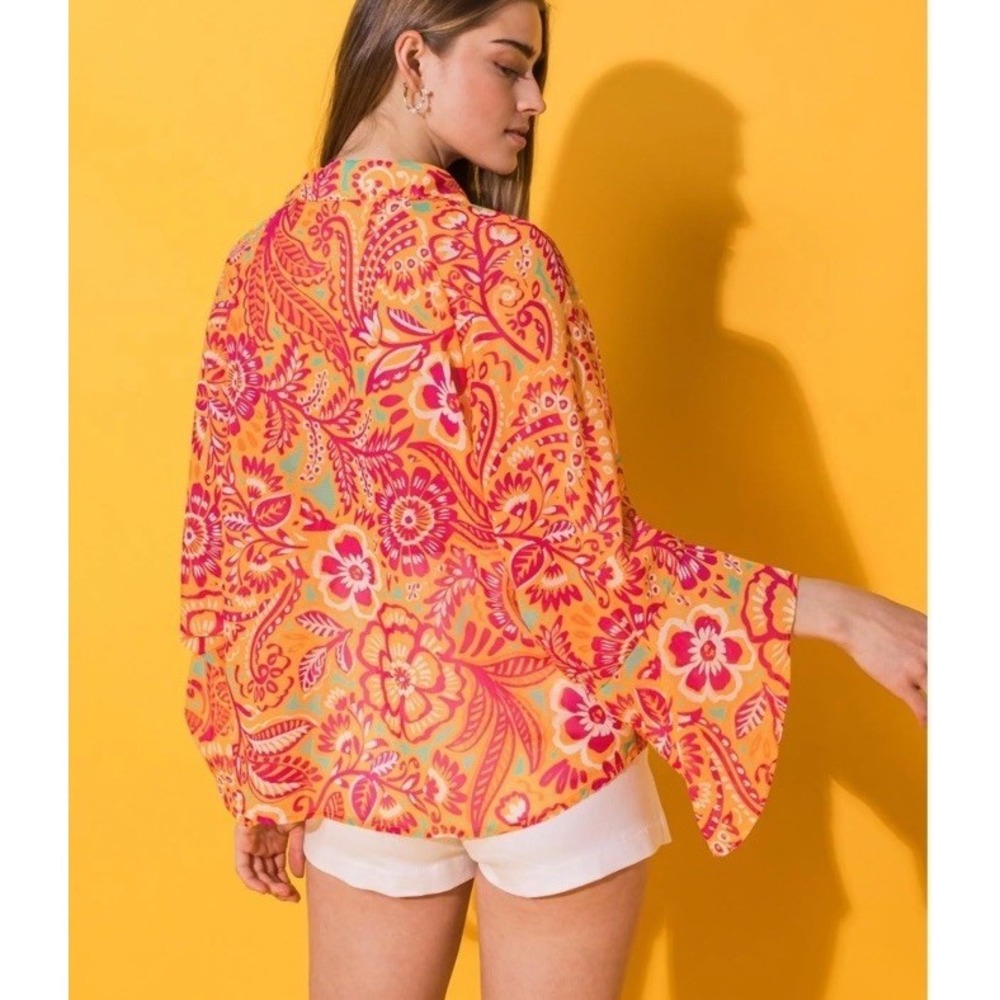 Flying Tomato I'll always Remember You Woven Oversized Top Pink/Orange Floral LG - Picture 2 of 12